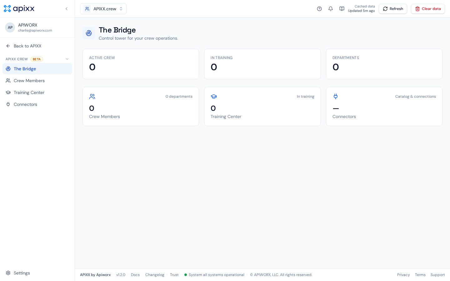 APIXX.crew Dashboard showing KPIs, activity feed, and pending approvals