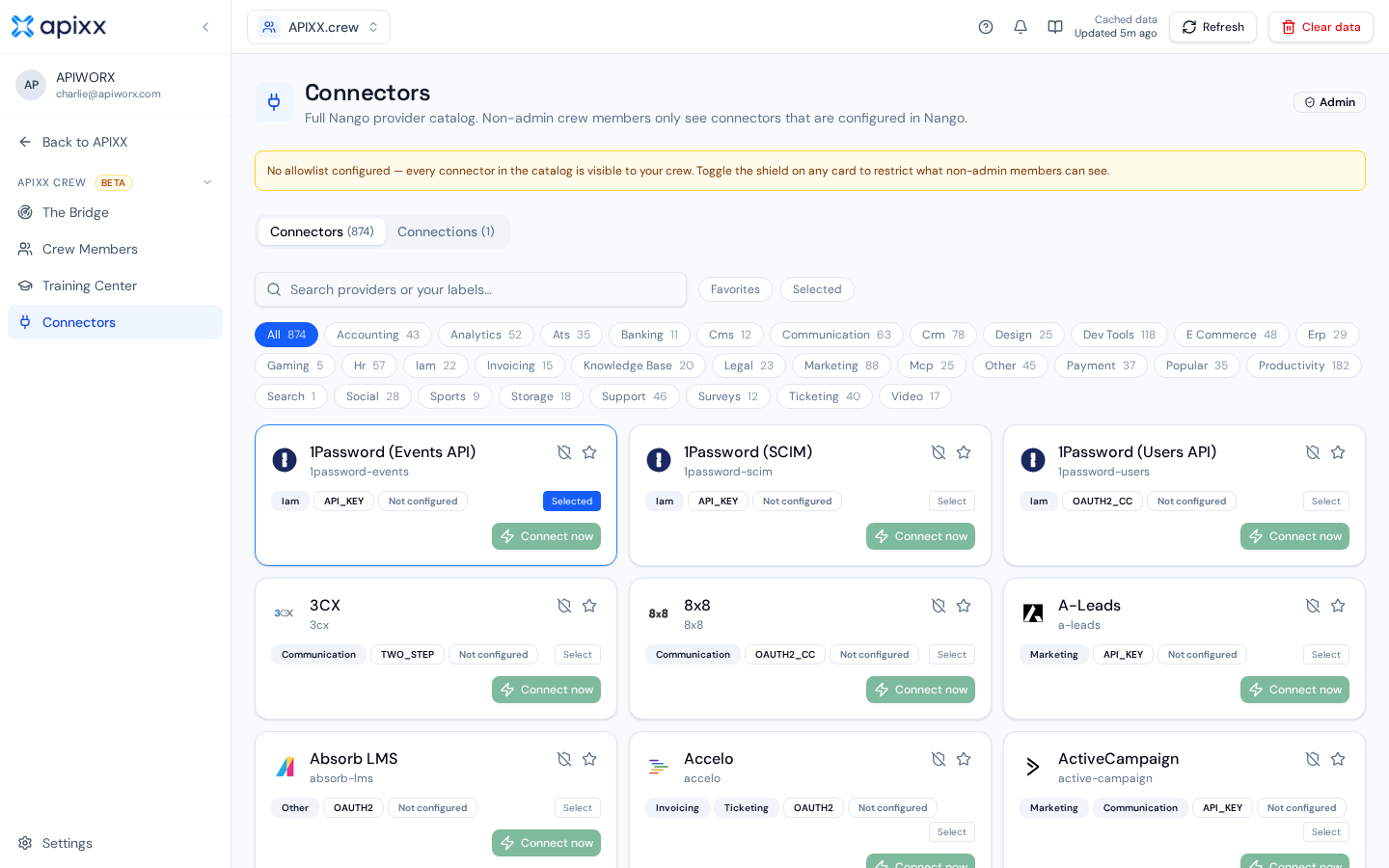 APIXX.crew connectors catalog with search, categories, and connection status